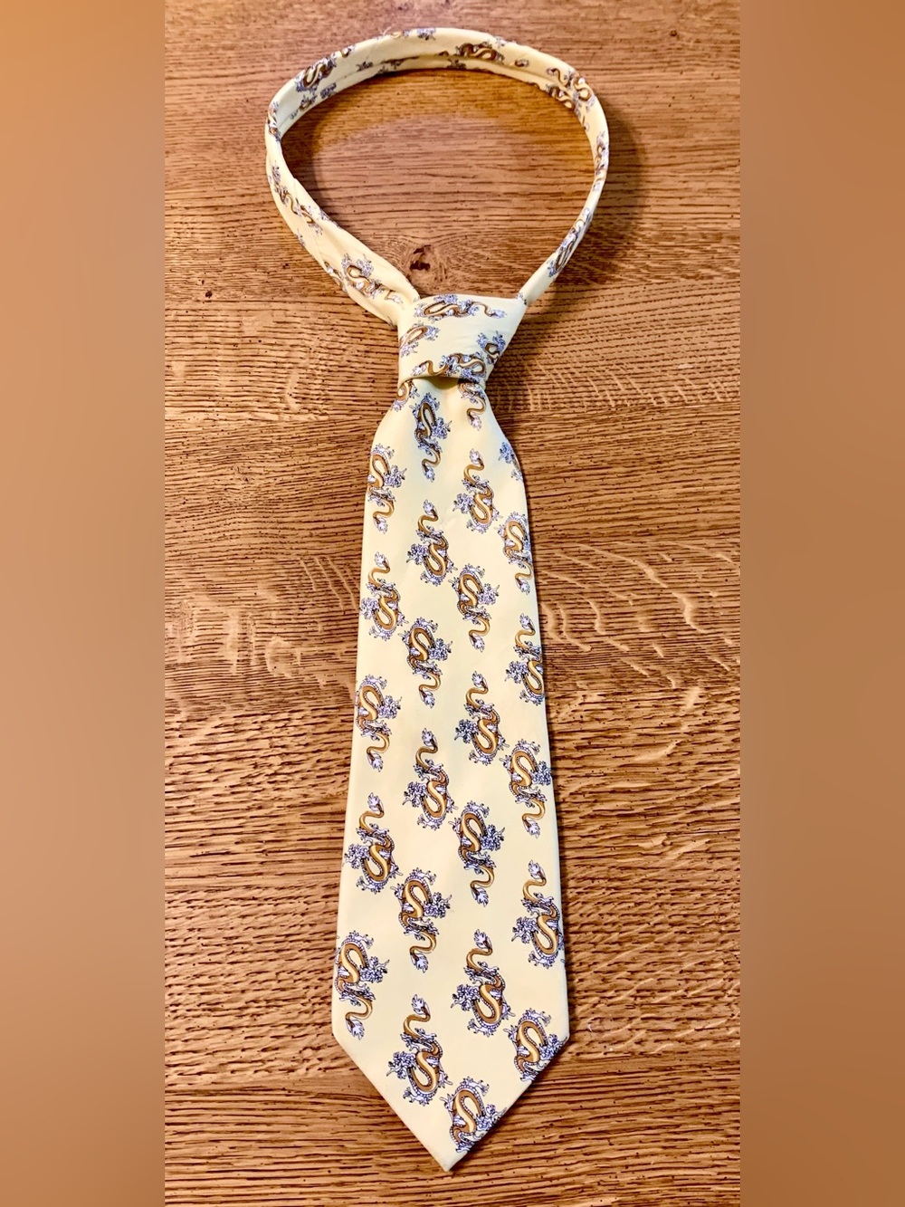 Vintage Yellow Silk Asian Inspired Dragon Print Japanese Tie Necktie Y2K